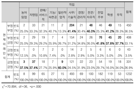 직업과 현재 및 미래 인식 교차분석