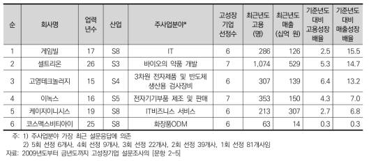 전문화 기업전략 고성장기업의 개요(매출성장배율 순)