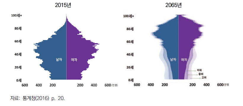 성별 및 연령별 인구피라미드 변화 추이: 2015-2065