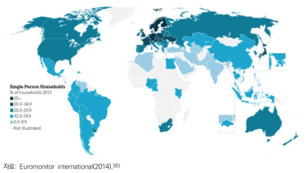 전 세계의 1인가구 비율(2013년)