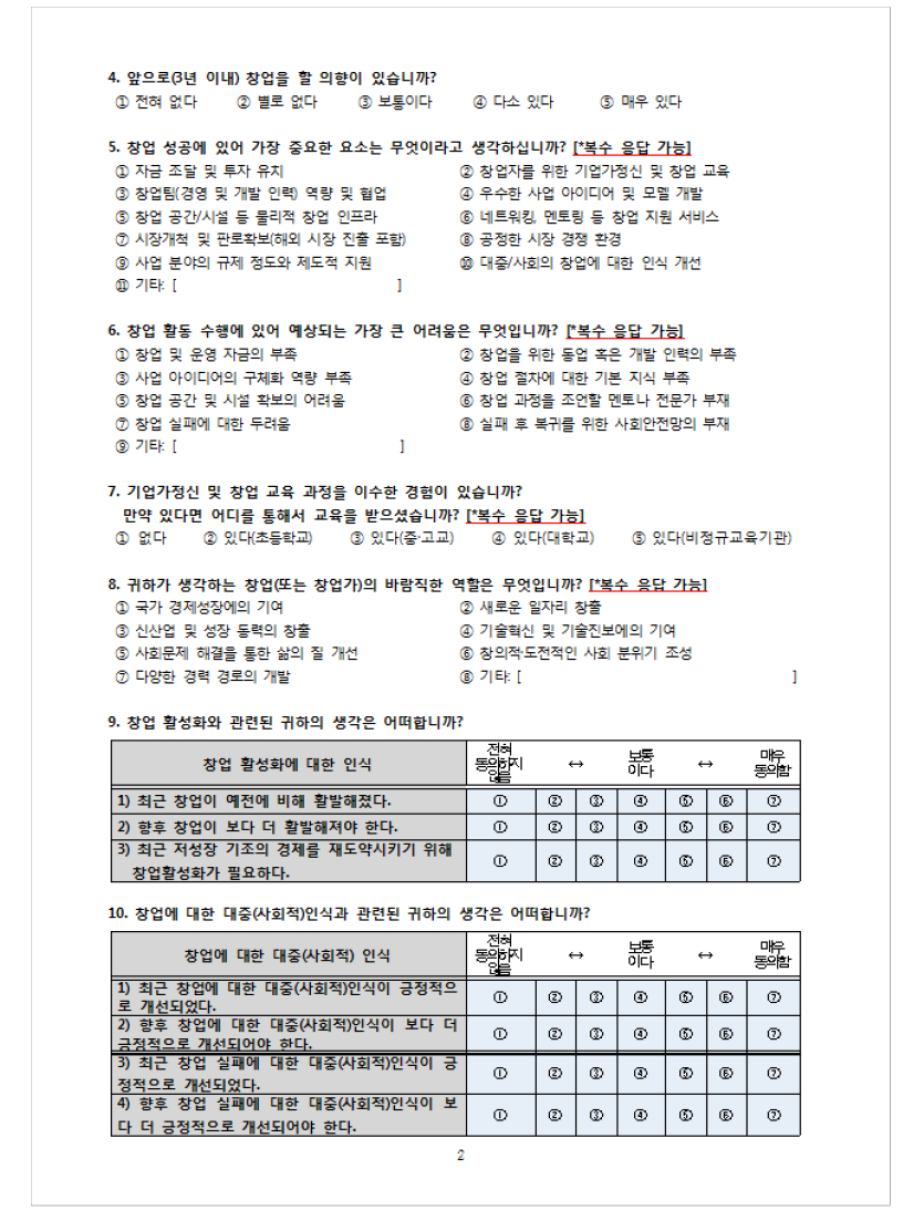 기업가정신 및 창업에 대한 인식조사 설문 문항 - 계속