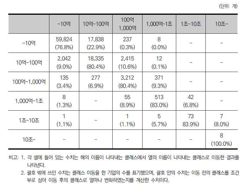 자기자본을 기준으로 한 기업의 클래스 이동(2005-2010)