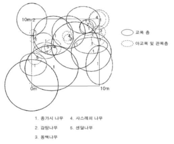 종가시나무와 구실잣밤나무-종가시나무 군집의 수종 및 층위별 생육밀도