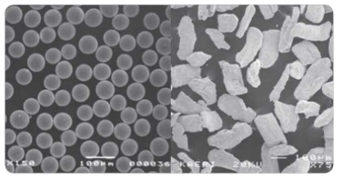 원심분무 분말(왼쪽)과 파쇄분말