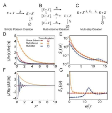(a-c) 생성반응과정이 다른 세 가지 타입의 반응모식도, 간단한 포아송과정, 다채널과정, 다단계반응을 보여준다. (d-e) 앞서 제시한 (a-c)의 모델에 대응하는 생성물의 개수 시간상관함수와 생성물의 개수 파워스펙트럼을 보여준다. (f-g) 앞서 제시한 (a-c)의 모델에 대응하는 생성반응속도의 시간상관함수와 파워스펙트럼을 보여준다. 생성반응속도의 파워스펙트럼은 생성물의 개수 파워스펙트럼보다 반응네트워크에 더 민감한 양상을 보여준다. 간단한 포아송 과정이 생성과정인 경우 생성반응속도의 파워스펙트럼은 모든 진동수에서 0이다. 다채널과정의 경우에는 단조감소하는 것을 볼수있다. 또한 다단계반응이 생성과정일 경우 생성반응속도의 파워스펙트럼은 단조증가/감소하는게 아닌 특정 진동수에서 최대값을 가지는 양상을 보여준다