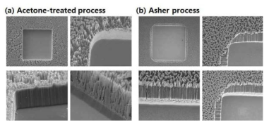 폴리머 제거 공정에 따른 마이크로/나노 복합 구조 SEM 이미지, (a) 아세톤 처리 후 Nanowires 코팅 표면, (b) 플라즈마 Asher 처리 후 Nanowires 코팅 표면