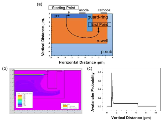 (a) 활성영역 근처에서 출발한 전하의 전계에 의한 경로적분, (b) SPAD 소자 내부 각 지점에서의 충돌 이온화 확률 분포, (c) 활성영역 내의 수직 단면 깊이에 따른 충돌 이온화 확률