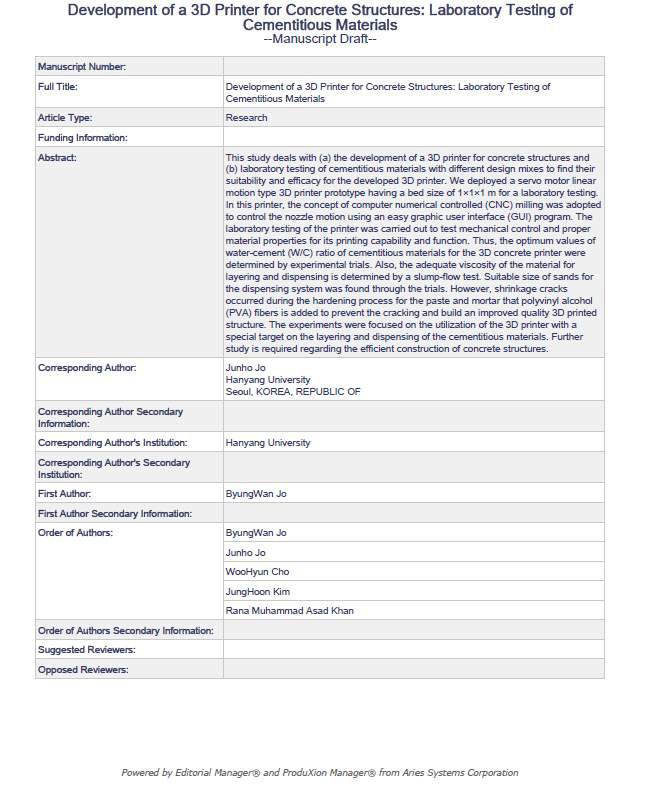 Development of a 3D Printer for Concrete Structures: Laboratory Testing of Cementitious Materials 논문 투고 현황