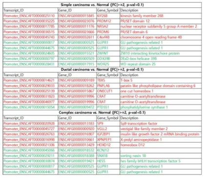 각 암 종에서 프로모터 부위에 존재하는 DMR과 연관된 상위 대표 유전자 리스트 (red : hypermethylated promoter gene, green : hypomethylated promoter gene)