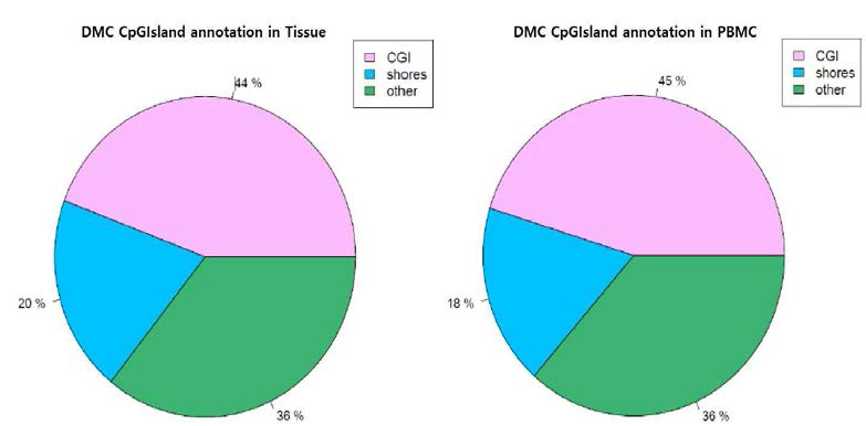 CpG annoation에 대한 pie plot