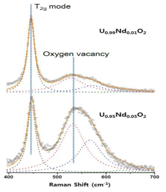 Deconvoluted Raman spectra of U0.99Nd0.01O2 (up) and U0.95Nd0.05O2 (bottom) pellets with Lorentzian peaks at ~445, ~535, ~575 and ~630 cm-1. Open circles and orange continuous line indicate the experimental data and fitted line using Lorentzian peaks, respectively