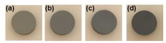 Optical images of (a) UO2, (b) U0.98Gd0.02O2, (c) U0.94Gd0.06O2, and (d) U0.90Gd0.10O2 pellets