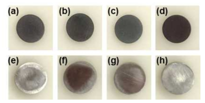 Optical images of samples after annealing of (a) UO2 with (e) Zr, (b) U0.98Gd0.02O2, with (f) Zr, and (c) U0.94Gd0.06O2, with (g) Zr and (d) U0.90Gd0.10O2, with (h) Zr at 300℃