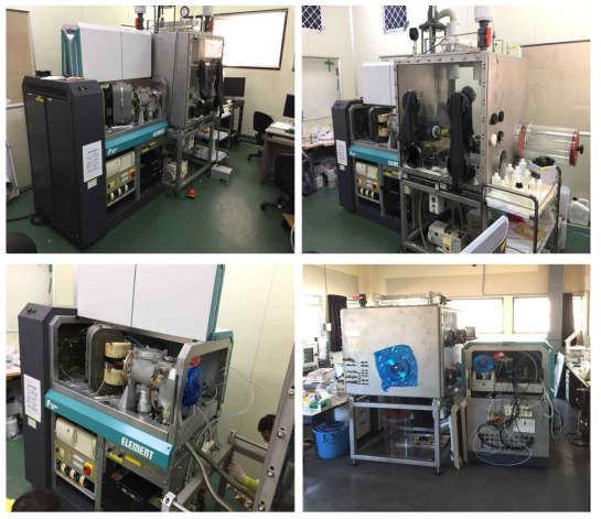 (top, left and right) Overview of old ICP-MS system. (bottom, left) Disassembly of old ICP-MS system. (bottom, right) Temporary storage of old ICP system in empty space