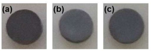 Optical images of (a) UO2, (b) U0.98Nd0.02O2, and (c) U0.94Nd0.06O2 pellets