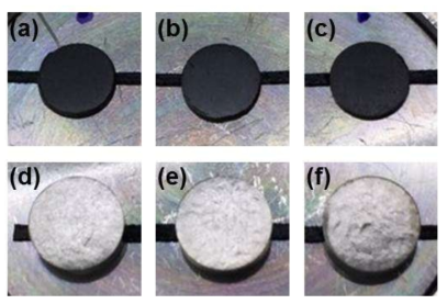 Optical images of samples after annealing of (a) UO2 with (d) Zr, (b) U0.98Nd0.02O2, with (e) Zr, and (c) U0.94Nd0.06O2, with (f) Zr at 1200℃