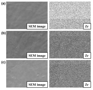 SEM images (×1,000) and EDS mapping data of zirconium element obtained from Zr samples after annealing with (a) UO2, (b) U0.98Nd0.02O2, and (c) U0.94Nd0.06O2 pellets at 1200 ℃