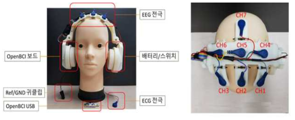 최종 시제품의 전체적인 구성(왼쪽)과 뇌파 전극의 분포(오른쪽)