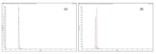 L-lactic acid(Rt = 1.3min), D-lactic acid(Rt = 1.48min)과 내부표준물질(Rt = 1.29min)의 Chromatogram (A : L-lactic acid, B : D-lactic acid)