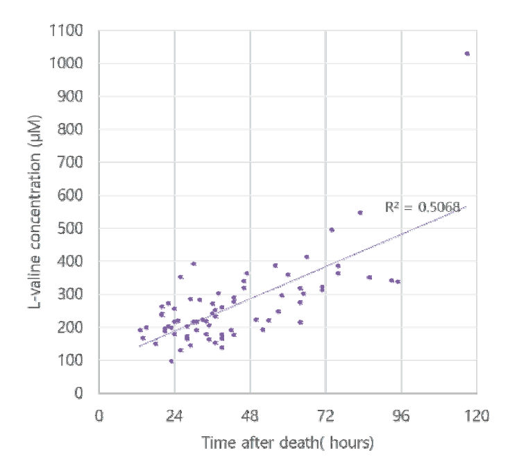 L-Valine의 농도와 사후시간과의 상관관계