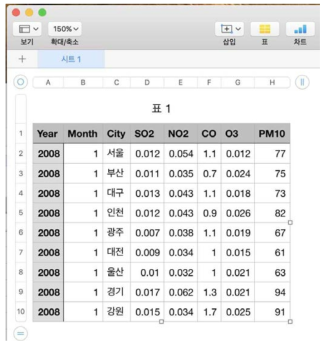 XML raw data로부터 가공 과정을 거쳐서 excel 형식으로 전환된 결과물 화면