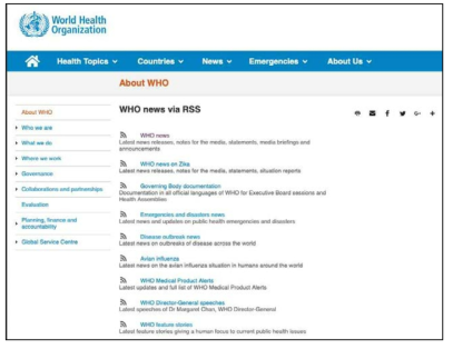 세계보건기구 뉴스데이터 RSS 배포사이트 화면