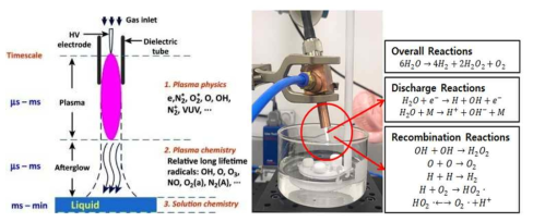 플라즈마-대기-액체상에서의 활성종의 생성, 이동, 상호관계에 관한 도식도 및 실제 시스템