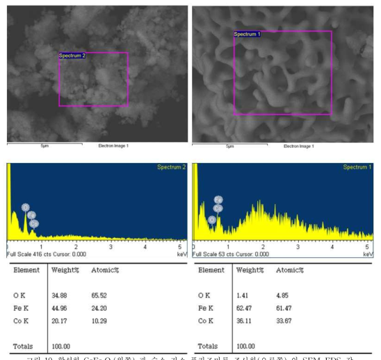 합성한 CoFe2O4(왼쪽) 과 수소 가스 플라즈마를 조사한(오른쪽) 의 SEM-EDS 값