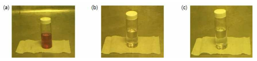 Changes of phenolphthalein indicator color through the hot cell window (a) before (2)at (3) after equivalent point