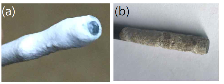 Pictures of ceramic coated electrodes. (a) MgO coated electrode and (b) Al2O3 coated electrode