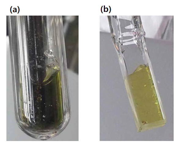 Pictures of LiCl-KCl melt containing (a) NpO2+ and Np4+ and (b) Np4+