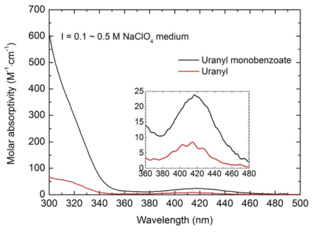 우라닐이온과 우라늄(VI)-벤조에이트이온의 고유한 UV-Vis 흡수 분광 스펙트럼
