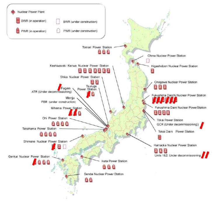 일본 원전 해체 현황 (붉은색 표기, 2016년도 기준)