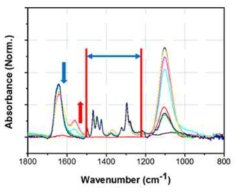 ATR-FT-IR spectra obtained from a series of aqueous solution of U(IV) nanoparticles containing 0.25%(w/w) PVP (MW, 40,000). Initial U(IV) concentration during nanoparticle synthesis varied from 0 to 5 mM