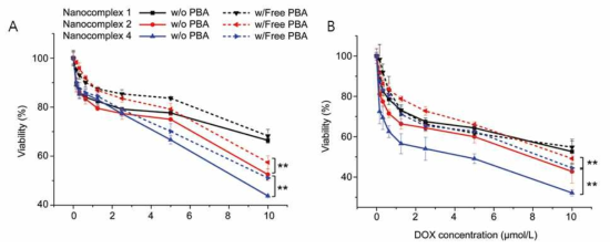 pPBA/DOX 나노복합체와 free PBA를 이용한 경쟁적 세포 독성 평가. A) MCF-7 세포주를 사용한 경우, B) PC-3 세포주를 사용한 경우