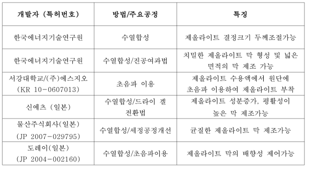 국내외 제올라이트 막 제조 특허 기술 및 주요 특징