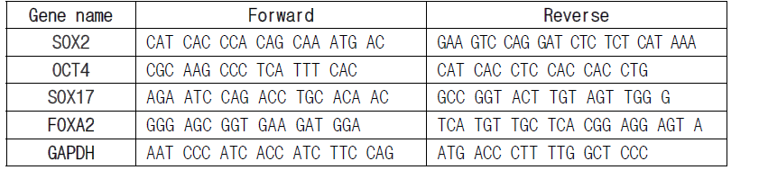 본 연구에서 분석된 유전자 qPCR 프라이머 서열