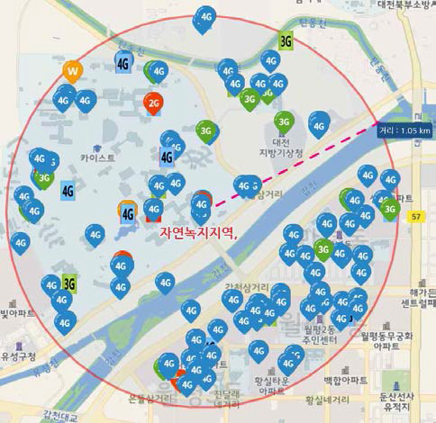 한국과학기술원 부근 Cellular 기지국 분포 (http://spectrummap.kr/)