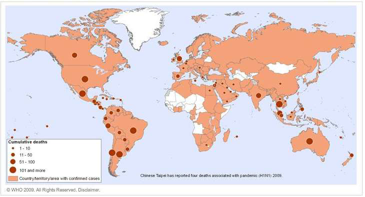 호흡기감염바이러스 (인플루엔자) 대유행에 따른 사망 (출처: WHO 출처자료,2009년)