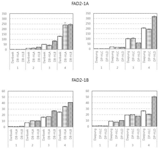 Gene expression analysis of FAD2-1A and FAD2-1B in seed development stage using qRT-PCR. Each gene expression levels were divided by developmental stage, ordered by line name and relatively normalized to the expression level of original cultivar at stage 1