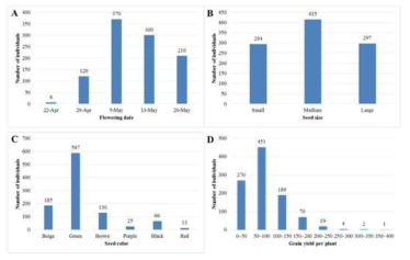 Agronomical characteristics of 1,006 individuals with spring-sown faba bean. A: flowering date, B: seed size, C: seed color, D: seed yield per plant