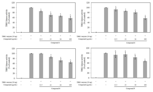 Effects of compounds 1, 2, 4 and 5 on the kinase activity of TBK1 Values are means ± SEM (n = 3). *Significantly different from TBK1 alone, p<0.05