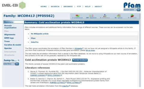 Cold acclimation protein WCOR413 domain PF05562 information