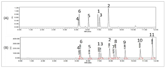 UPLC chromatogram (A, UV 254 nm; B, ELSD) of standard mixture (4, daidzin; 6, glycitin; 5, genistin; 1, daidzein; 3, glycitein; 2, genistein; 7, soyasaponin Aa; 8, soyasaponin Ab; 9, soyasaponin I; 10, soyasapogenol A; 11, soyasapogenol B)