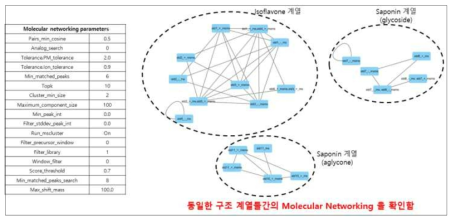 11종의 standard compound들을 이용한 최적의 분자 네트워킹 조건 확립