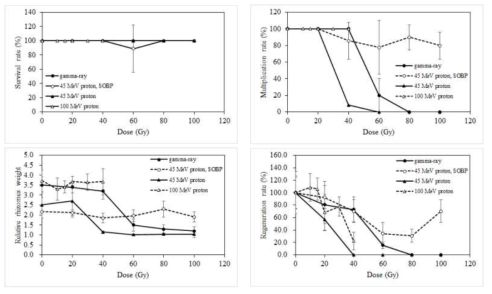 Radio-sensitivity of Cymbidium hybrid, RB003 to gamma-rays and 45, 100MeV proton ions