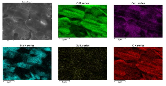 GDC1000-30LN11의 SEM-EDX 측정을 통한 표면 영상 및 구성 원소별 표면 분포 영상. SEM 측정 이미지에서, 용융된 겉표면 부분과 내부의 나노크기의 결정들이 존재함을 관찰할 수 있음. 성분별 표면에 분포하는 정도를 확인하였을 때, carbonate에 존재하는 원소들의 경우 SEM 이미지의 용융된 부분에 다수가 분포함을 알 수 있으며, Ce, Gd 원소의 경우에는 표면 내부의 알갱이 형태인 나노결정의 분포와 유사한 분포 형태를 보임
