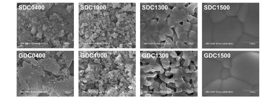여러 온도에서 열처리한 SDC/GDC 시료의 SEM 이미지. 열처리 온도가 낮은 시료 (1000 ˚C 이하)의 경우, 균일한 나노크기의 입자를 형성함. 열처리 온도가 높아질수록 결정크기가 증가하며 grain과 grain boundary의 경계가 모호해짐. 1300 ˚C에서 소결했음에도 불구하고 기공이 여전히 존재하며, 소결온도가 1500 ˚C 이상이 되어야 기공이 완전히 제거되며 고밀도의 구조를 형성하며 수 μm 크기의 결정으로 성장함. 이외에 NDC0.1, NDC0.2 시료도 동일한 조건으로 실험을 진행하였으며, 그림 2와 유사한 경향을 보임