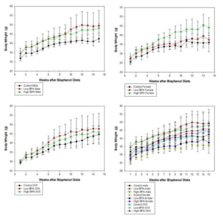 환경호르몬 (Bisphenol A) 배합 사료 섭취 후 그룹별 동물 체중변화 관찰