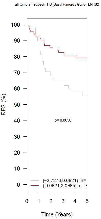 삼중음성 유방암 환자에서 EPHB2 단백질과 RFS (relapse free survival) 과의 상관 관계